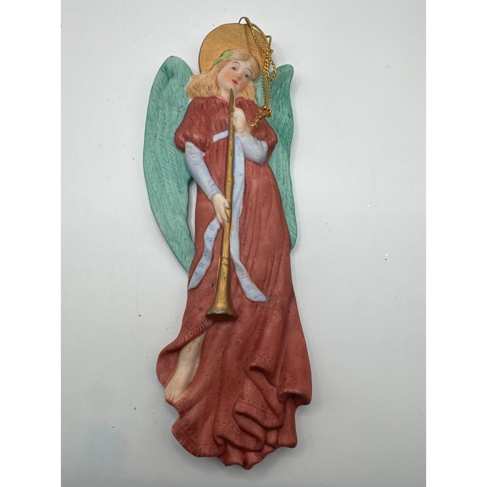 Vintage Christmas Angel Ornament Red Gown Green Wings Gold Trumpet Taiwan 6.5in